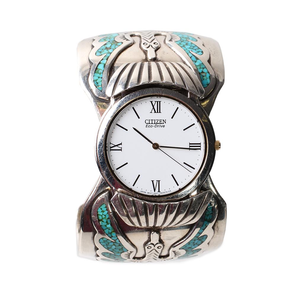  Stc Silver Cuff Watch With Turquoise And Coral Chip Inlay