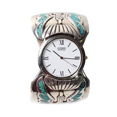 STC Silver Cuff Watch with Turquoise and Coral Chip Inlay