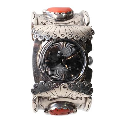 Wide Silver Coral And Turquoise Cuff Watch 