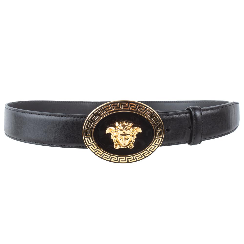  Versace Size 34 Medusa Gold Tone Buckle Leather Belt